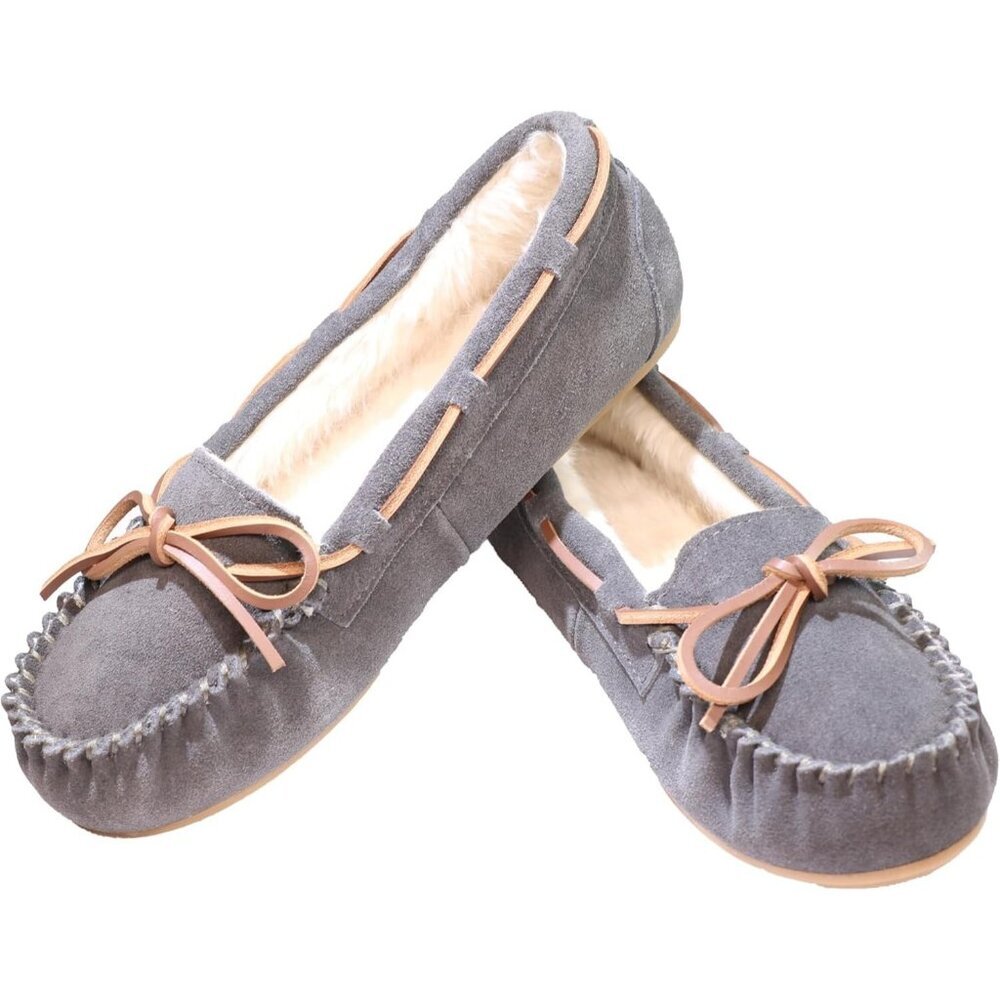 Women's Gray Leather Faux Fur Pile lined lace Up Cozy Bow Warm Slippers Shoes